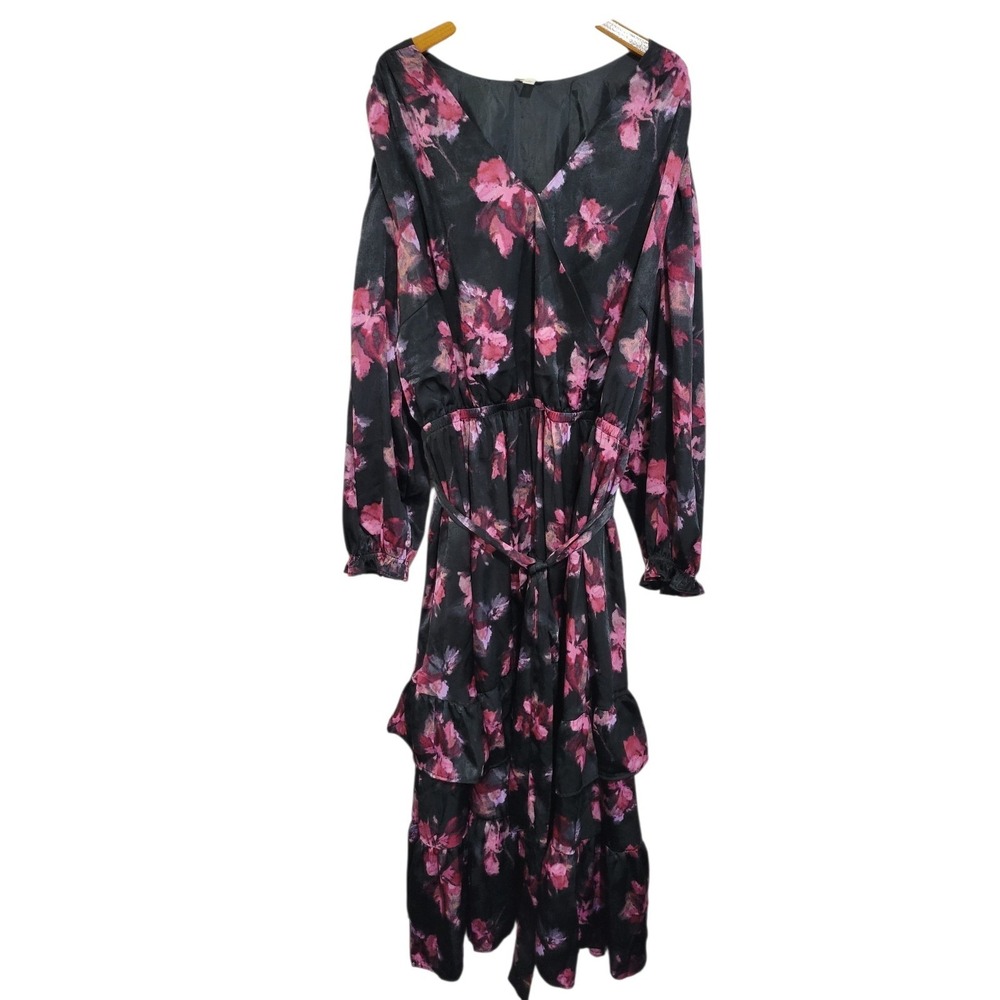 Terre Sky Surplice Maxi Dress Womens 4X Black Floral Satin Romantic Goth Vampire